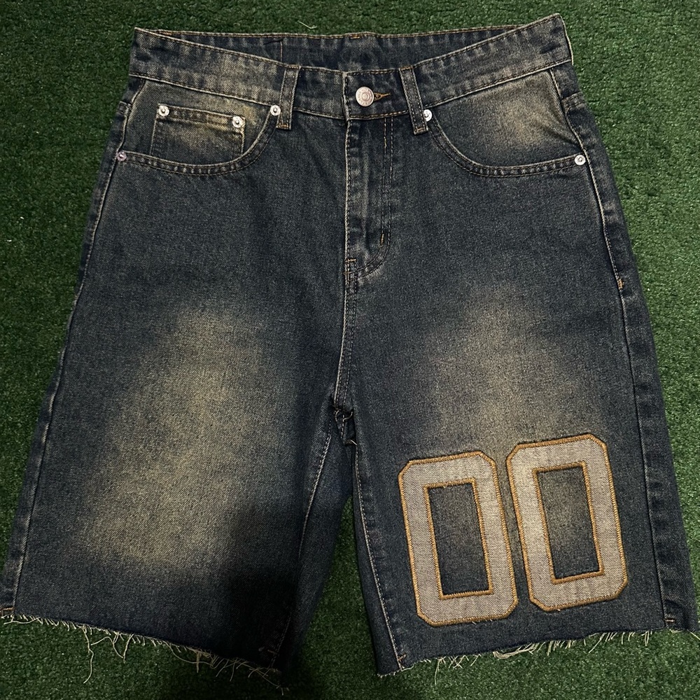 Men's Dark Wash Jean Shorts with Embroidered Number